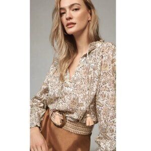 By Anthropologie | Boho Tie-Neck Peasant Blouse size 2X XXL Beige Pink Spring